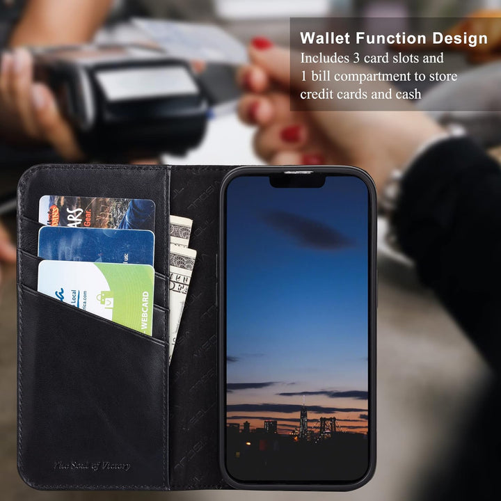 VISOUL Hülle für iPhone 14, Schutzhülle [Erstklassiges Rindsleder] [Schützt vor Stoss] [Kartenfach]