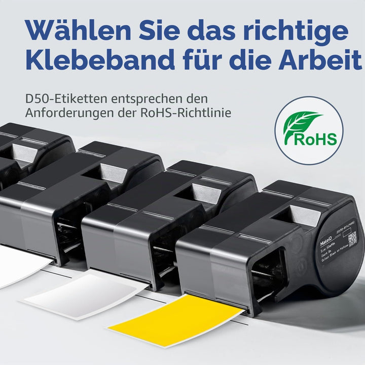MakeID PET-Etiketten für Industrie-Etikettendrucker D50 – Schwarz auf Gelb, 50 mm x 8 m, Innen-/Auss