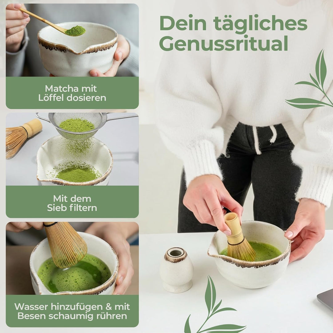 comforder Matcha Set mit Besen – Komplett mit Matchaschale mit Ausgiesser, Chasen, Halter, Löffel un