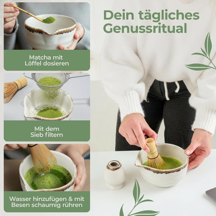 comforder Matcha Set mit Besen – Komplett mit Matchaschale mit Ausgiesser, Chasen, Halter, Löffel un