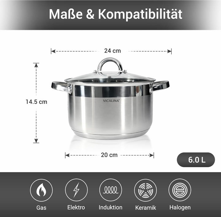 Edelstahl Topfset 8-teilig mit Glasdeckeln – Induktion geeignet – Kochtopf Set für alle Herdarten –
