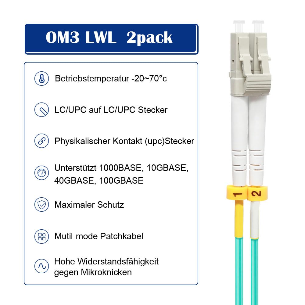 FLYPROFiber OM3 LC auf LC LWL Glasfaser Patchkabel | Längenoptionen: 0,2m-100m, 10 GB Duplex 50/125