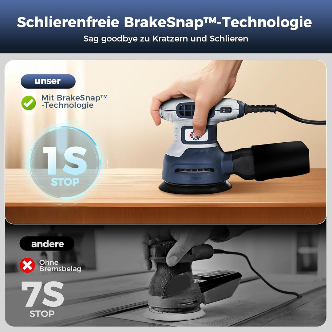 Exzenterschleifer 125mm mit Bremse, 350W Schleifmaschine für Holz mit 15 Schleifpapier & Staubabsaug