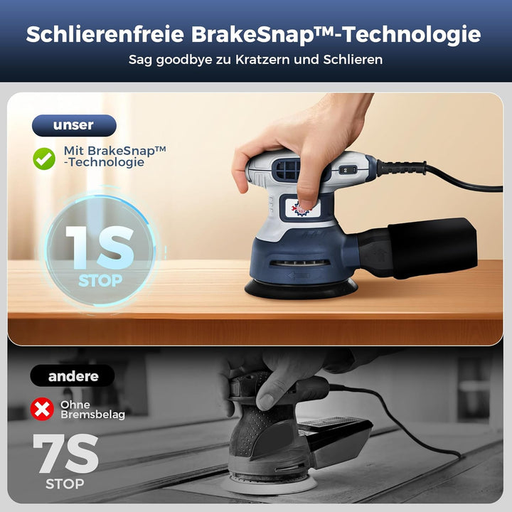 Exzenterschleifer 125mm mit Bremse, 350W Schleifmaschine für Holz mit 15 Schleifpapier & Staubabsaug