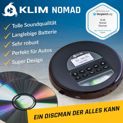 KLIM Nomad - NEU 2023 - Tragbarer CD-Player Discman mit langlebigem Akku - Inklusive KLIM Fusion Kop