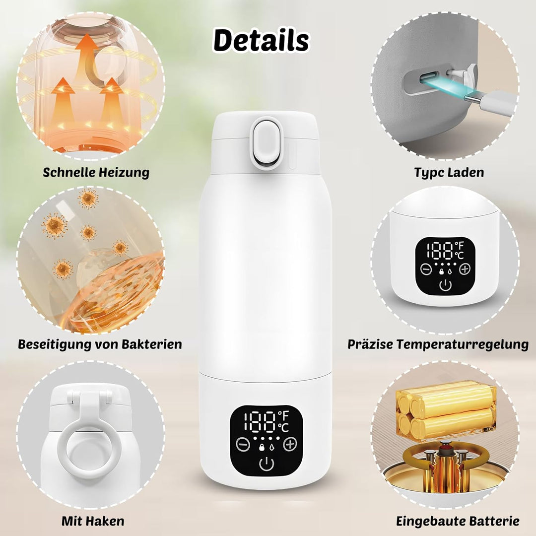 Tragbarer Flaschenwärmer Baby Unterwegs, Akku Thermoskanne 500ml, 35-70 °C Einstellbar, Mobiler Milc