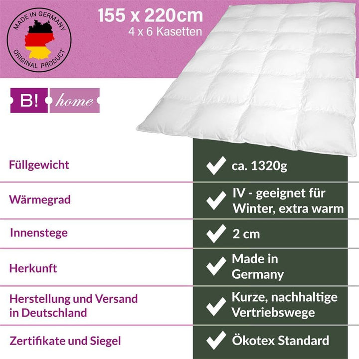 B!HOME Winterdecke extra warm 100% Daunen 155x220cm (1320g) Kassettenstegbett Bezug 100% Baumwolle D