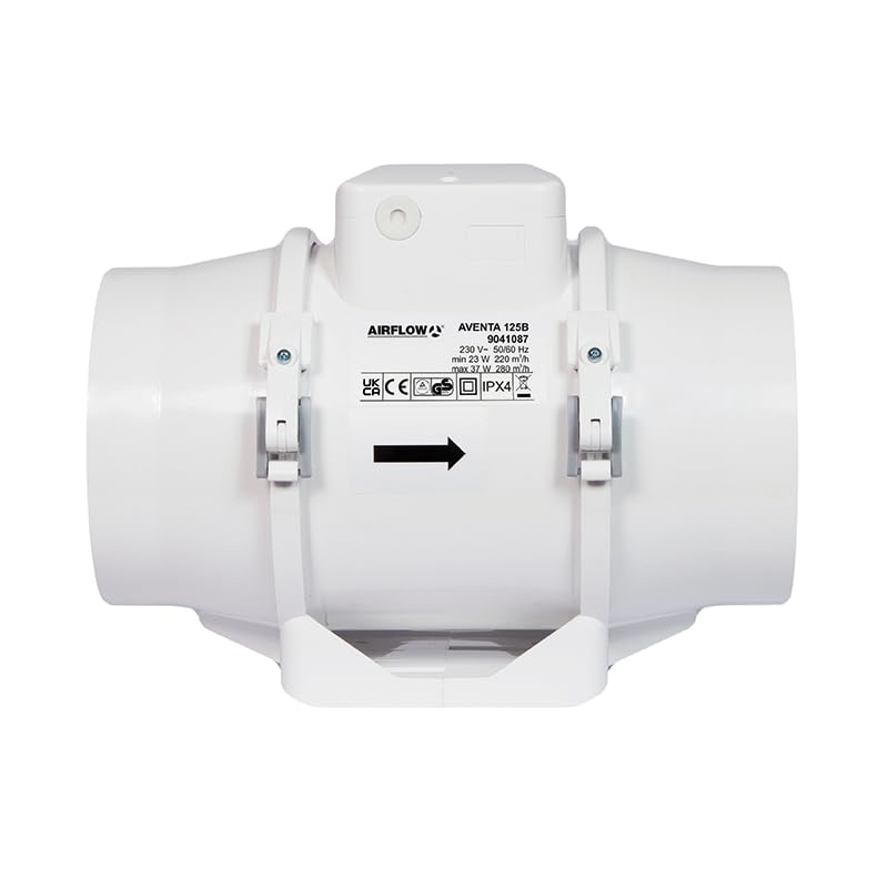 Airflow Aventa 125T – Inline-Lüfter mit Timer, 23W, 61–78l/s, 2 Stufen, Timer 2–30Min, kompakt (190×