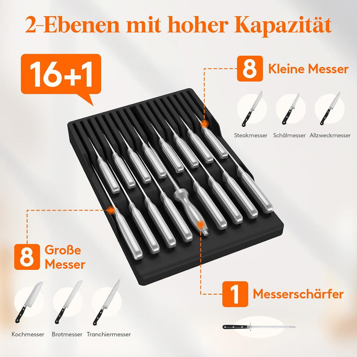 Lifewit Magnetischer Messerhalter Schublade für 16 Messer, 29,5 x 42 x 5 cm Messer Organizer mit Rut