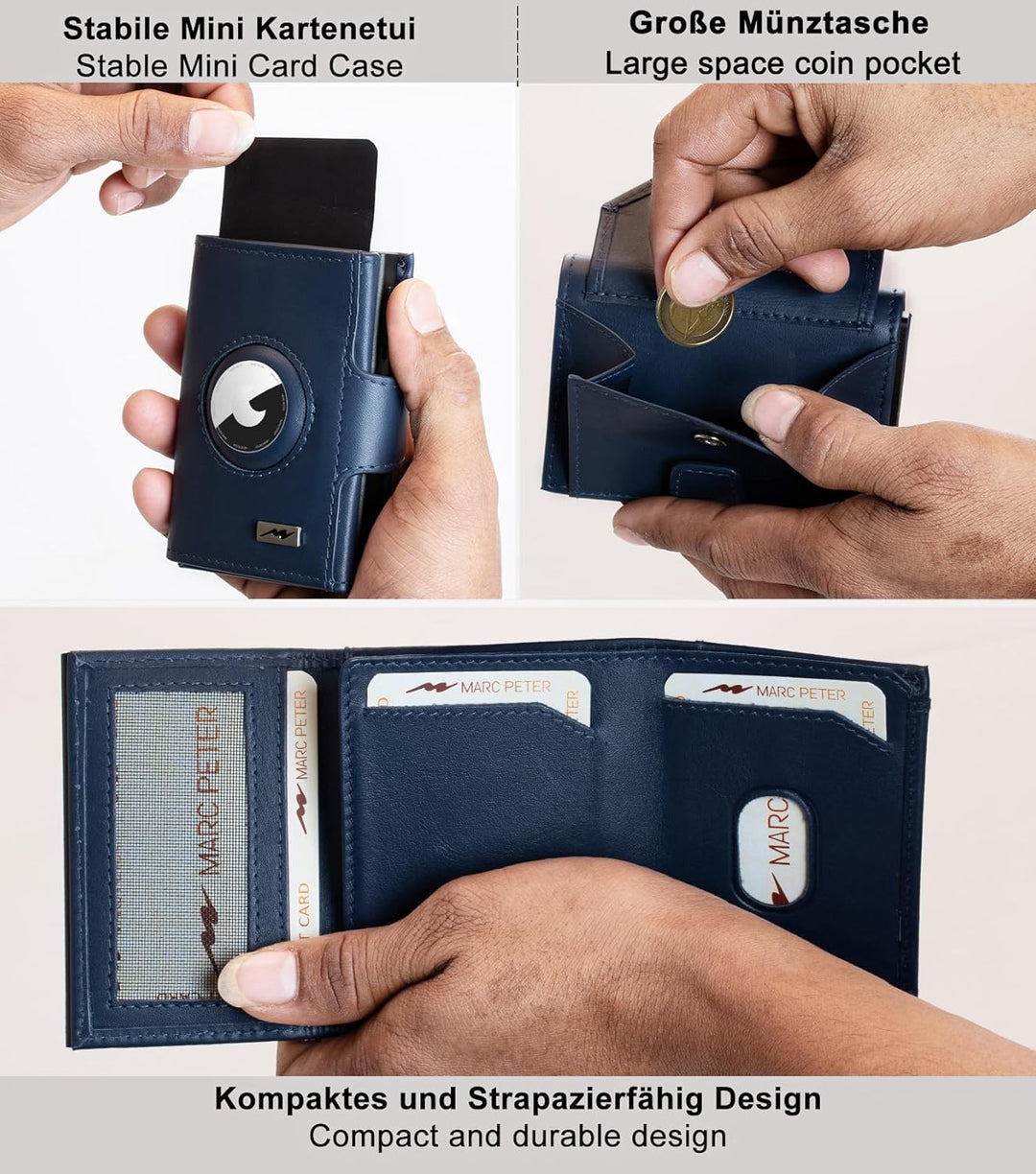 Marc Peter® Chicago Leder Push Air Slim Wallet - Airtag Geldbörse mit Münzfach - RFID Schutz kleines