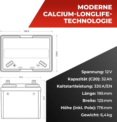 BlackMax Rasentraktor Batterie 12V 32Ah 330A (Pluspol Links) - U1-9 +30% Starterbatterie (12 Volt) f