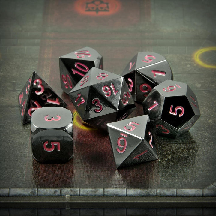 shibby 7 polyedrische Metall-Würfel - Verchromt - für Tabletop und Rollenspiele inkl. Aufbewahrungsb