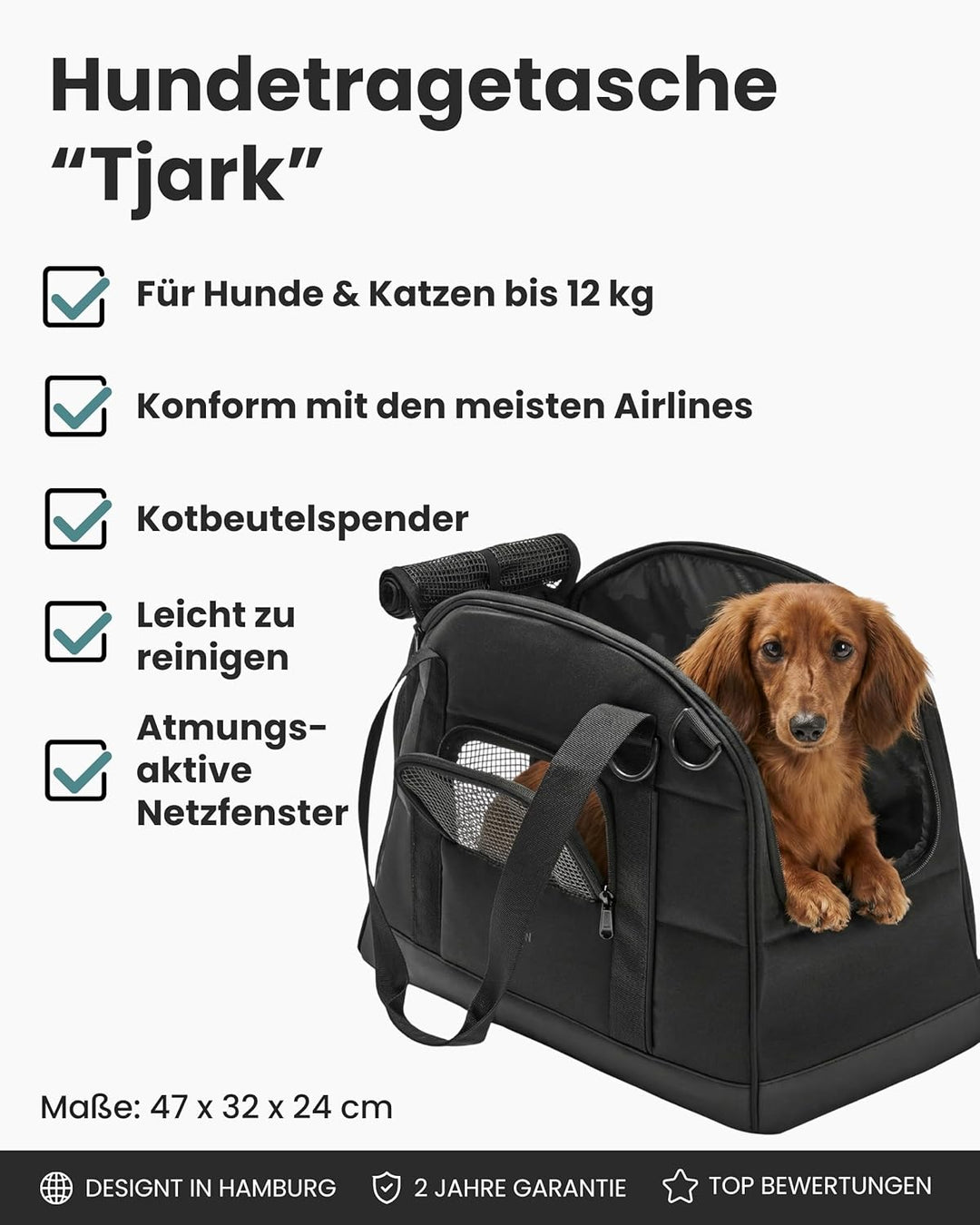 Larkson Hundetransportbox für Kleine Hunde bis 12kg Schwarz - Tjark - Hundetasche fürs Flugzeug - Tr