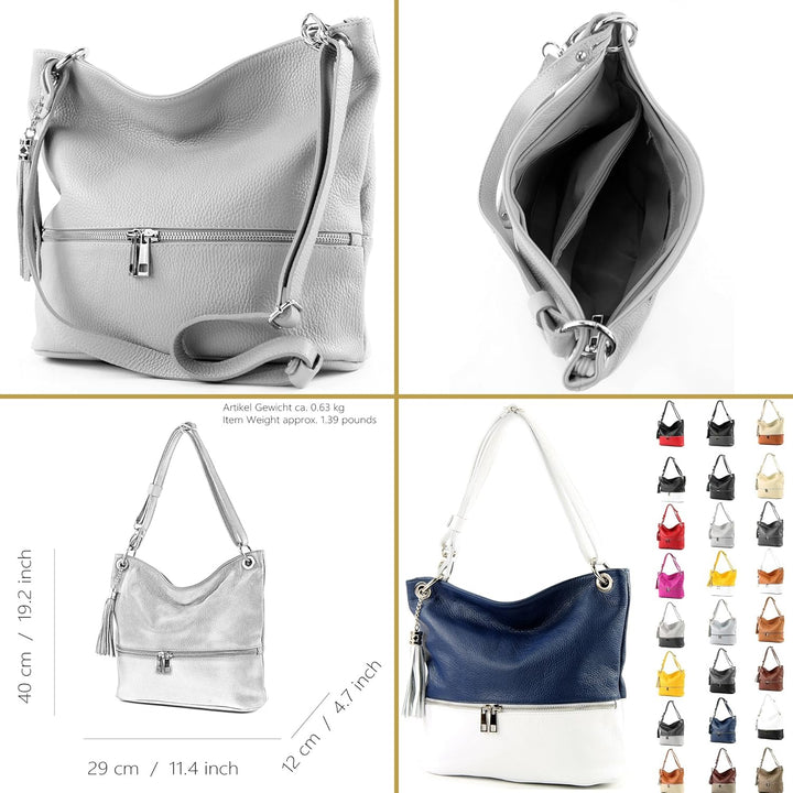 modamoda de - T143 - ital. Leder Schultertasche Umhängetasche Weiss/Dunkelblau2021, Weiss/Dunkelblau
