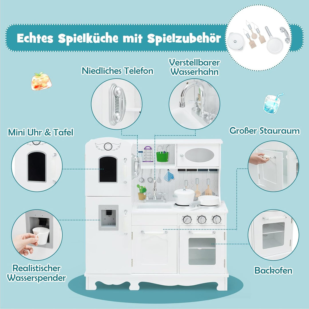 DREAMADE Kinderküche aus Holz mit Spielzubehör, Kinderspielküche mit Kühlschrank Spüle Herd Backofen