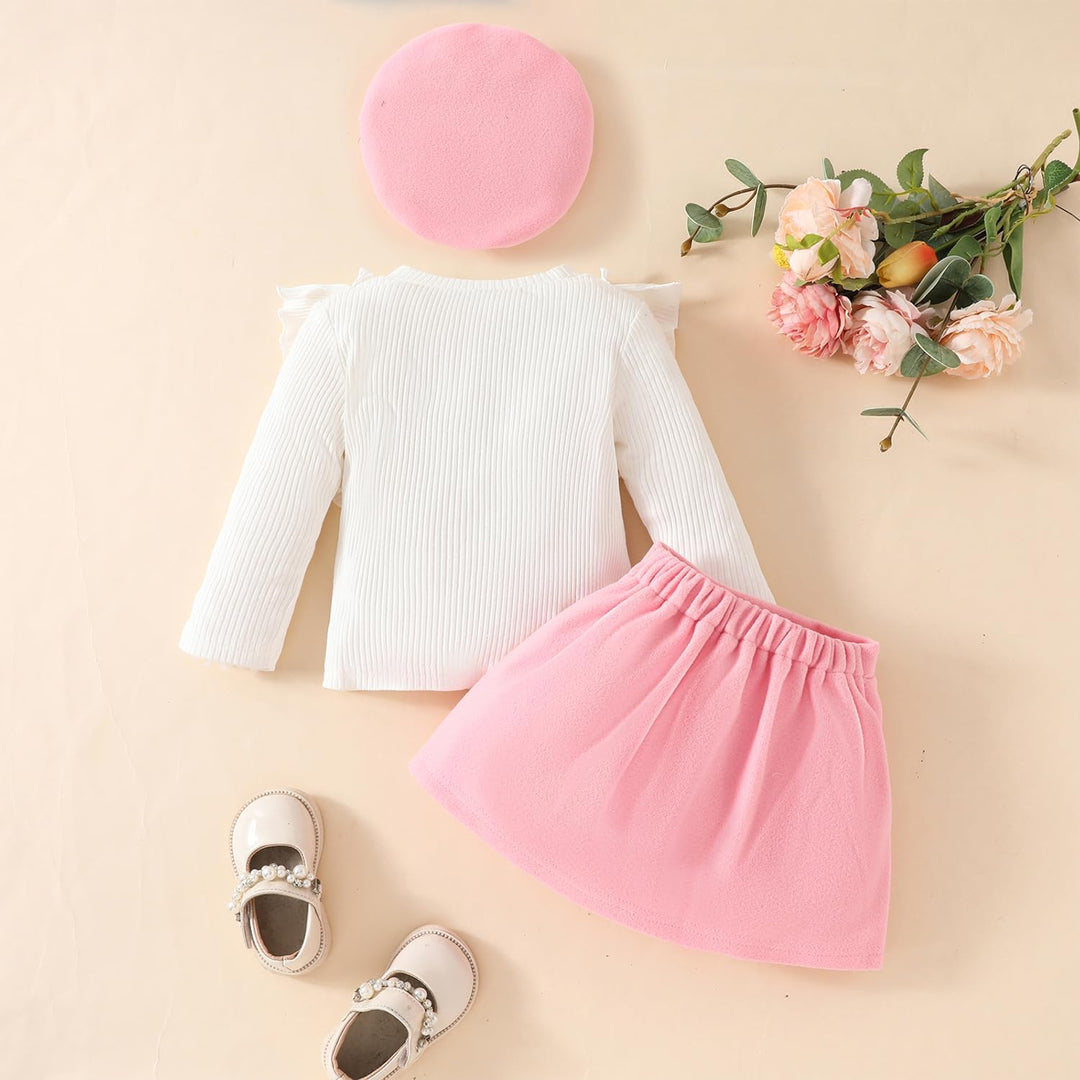Kleinkind Baby Mädchen Outfits Rüschenärmel Gestrickt Bowknot Shirt + Elegant Mini Rock+ Baskenmütze