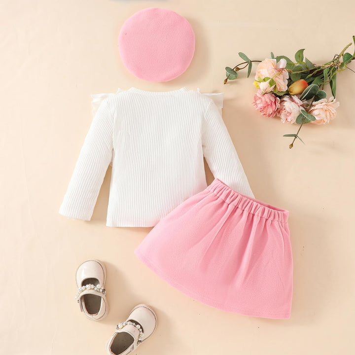 Kleinkind Baby Mädchen Outfits Rüschenärmel Gestrickt Bowknot Shirt + Elegant Mini Rock+ Baskenmütze
