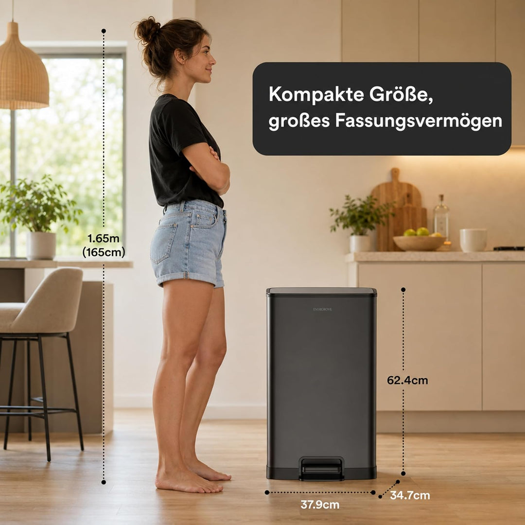 EverGrove 50L Treteimer aus Edelstahl mit Deckel, Soft-Close, Stay-Open Funktion, herausnehmbarer In