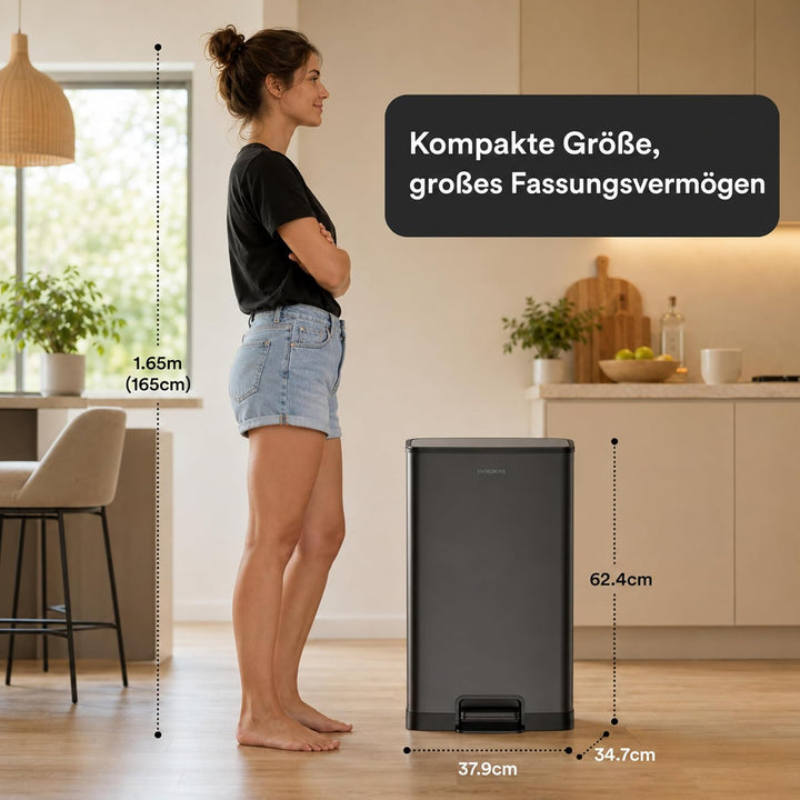 EverGrove 50L Treteimer aus Edelstahl mit Deckel, Soft-Close, Stay-Open Funktion, herausnehmbarer In