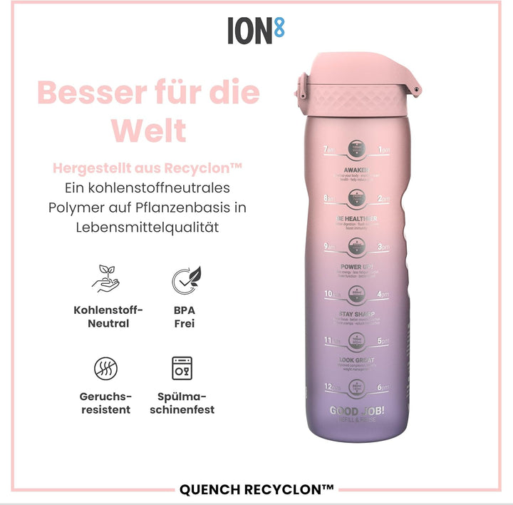 ion8 1 Liter Trinkflasche mit Zeitmarkierungen, Auslaufsicher, Einhandöffnung, Sichere Verriegelung,