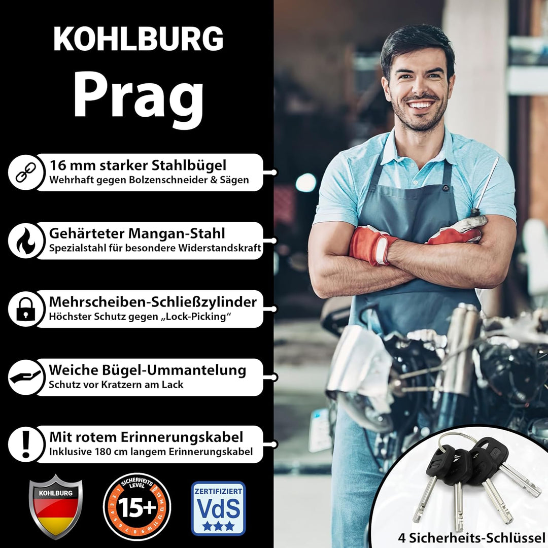 KOHLBURG sicheres Motorradschloss - Bremsscheibenschloss mit höchster Sicherheitsstufe 10plus von 10