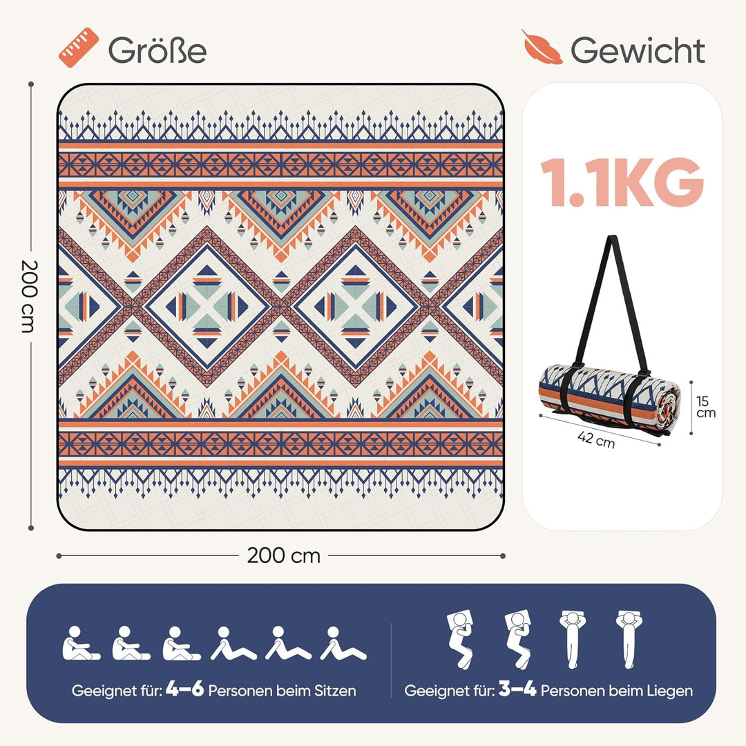 Sekey Boho Picknickdecke Wasserdicht 200x200 cm, Stranddecke Sandfrei | Gepolstert, Dreischichtige S