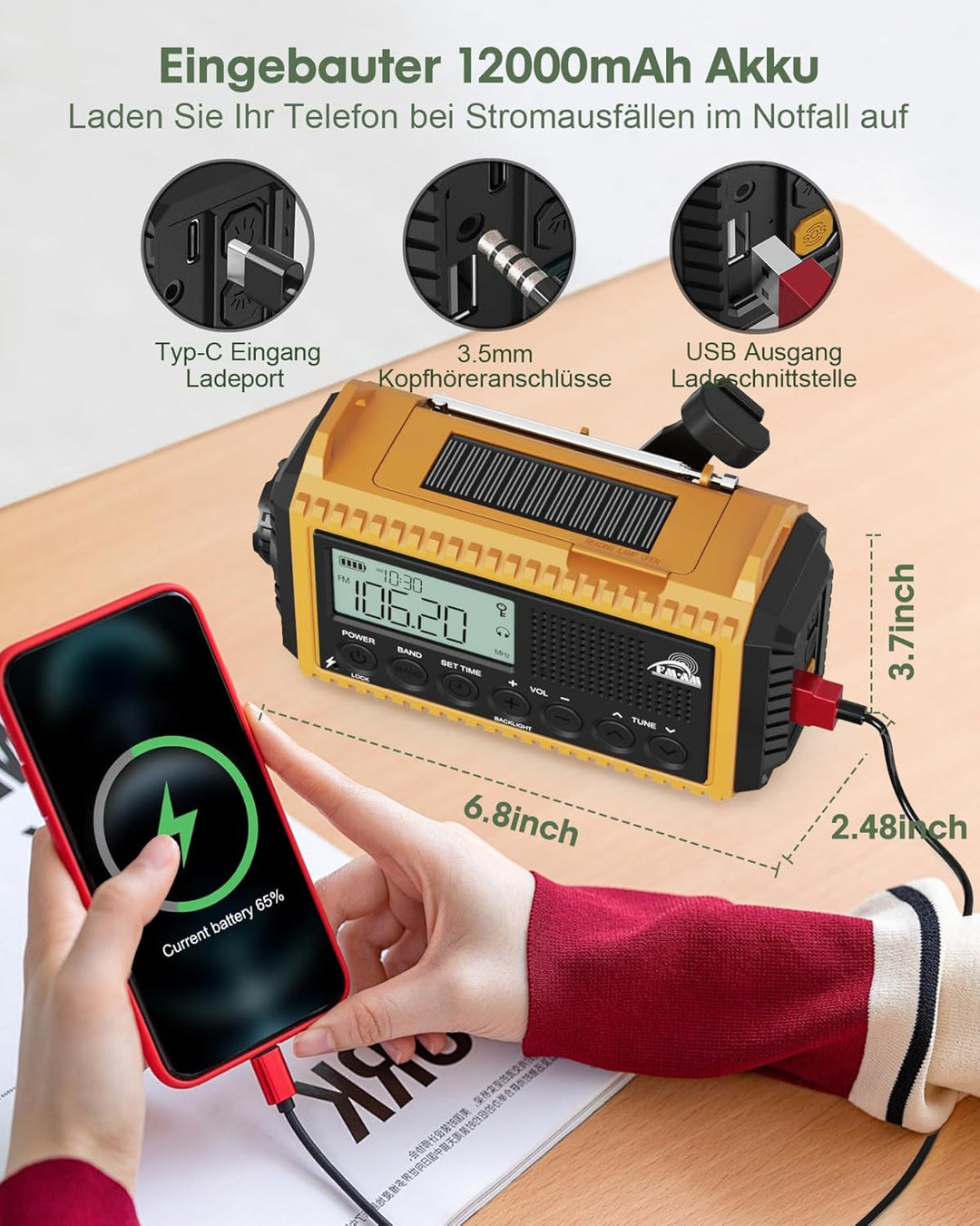 Roxicosly Kurbelradio, Notfallradio mit 12000-mAh Power Bank, AM/FM/SW Baustellenradio, Kurbel & 5-W