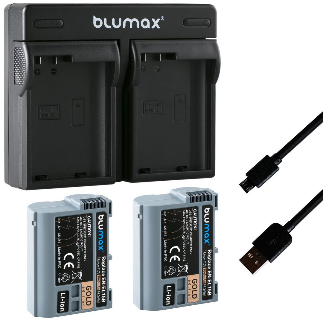 Blumax 2X Gold Edition Akku Nikon EN-EL15b 2040mAh + Dual-Ladegerät Micro-USB | kompatibel mit Nikon