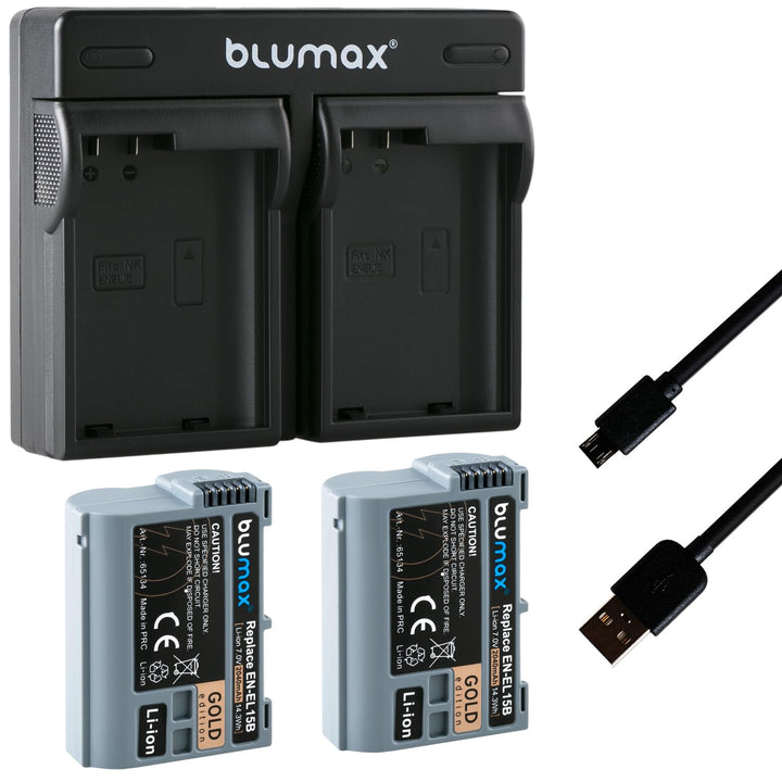 Blumax 2X Gold Edition Akku Nikon EN-EL15b 2040mAh + Dual-Ladegerät Micro-USB | kompatibel mit Nikon
