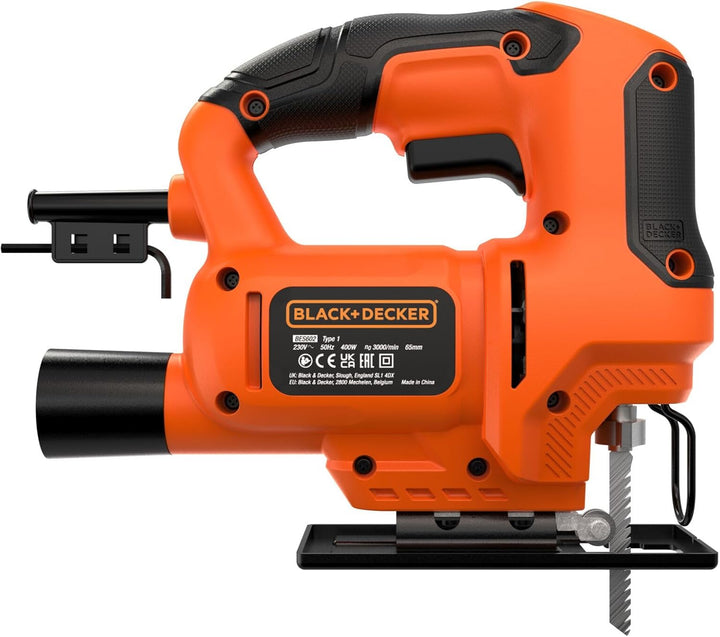 BLACK+DECKER 400W Stichsäge (kompakt und schlank, mit verstellbarem Sägeschuh, Gebläse und Feststell