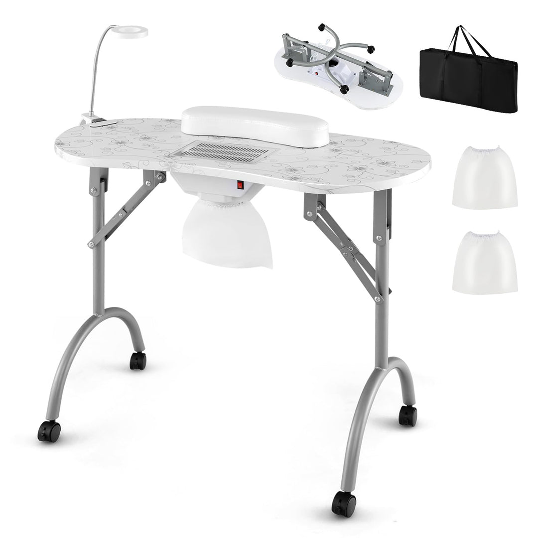 COSTWAY Maniküretisch klappbar, Nageltisch mit elektrischem Staubsammler, LED-Lampe, Handgelenkaufla