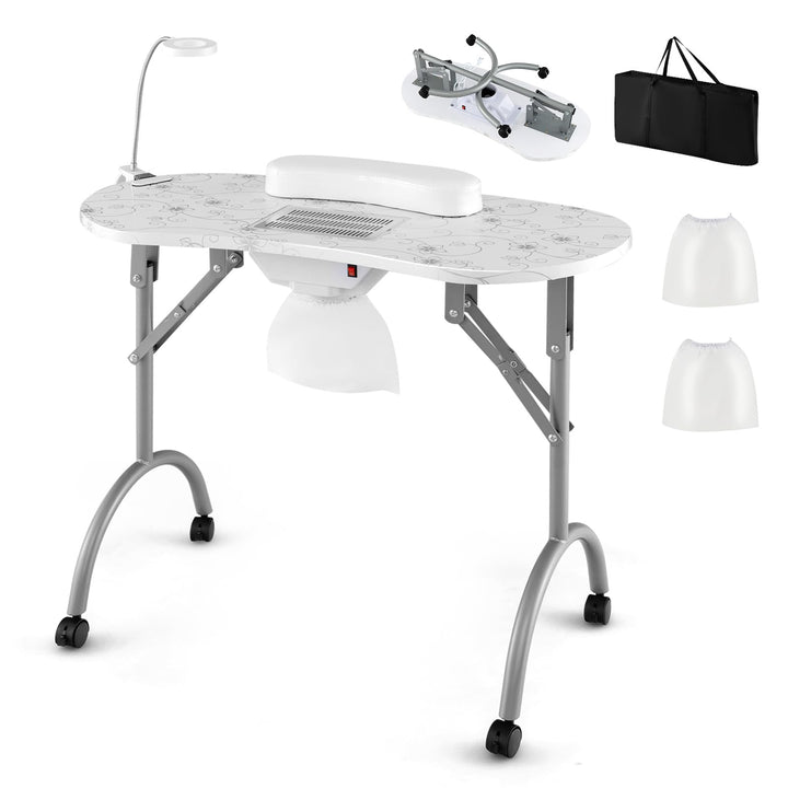 COSTWAY Maniküretisch klappbar, Nageltisch mit elektrischem Staubsammler, LED-Lampe, Handgelenkaufla