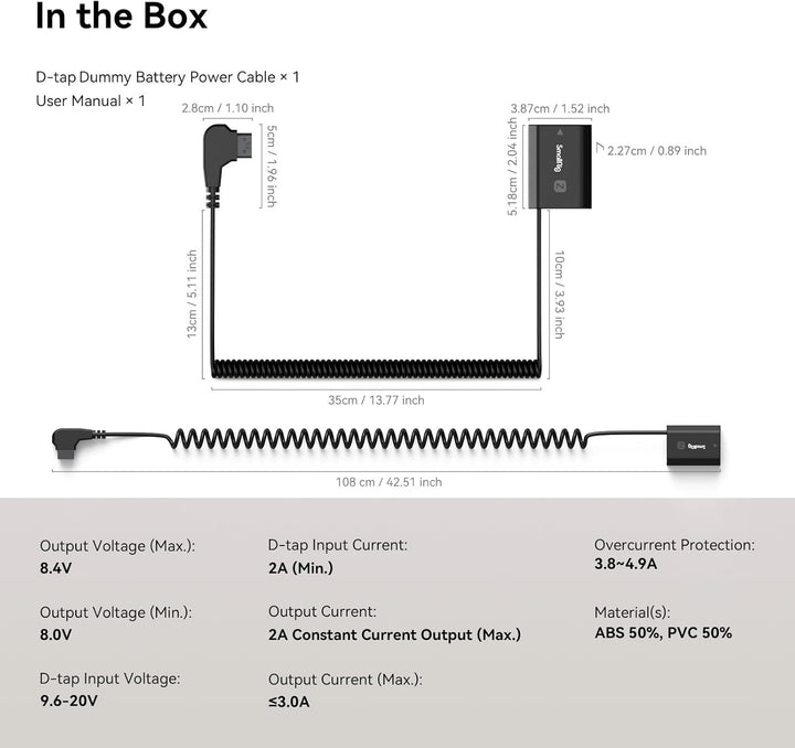 SMALLRIG D-Tap auf NP-FZ100 Dummy-Akku, NP-FZ100 Spiral-Stromkabel für Sony A7R V, A7S III, A7R IV,