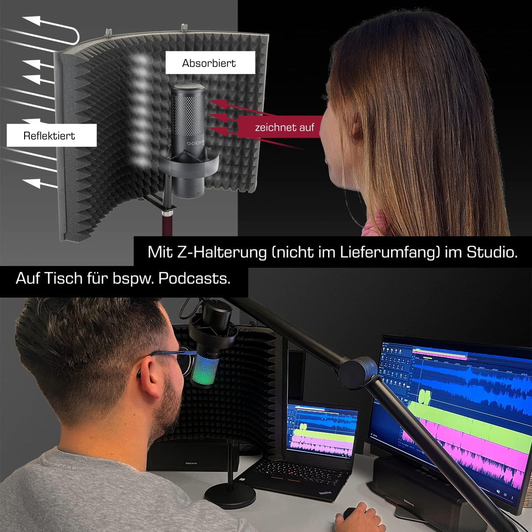 DOCKIN® 𝗣𝗥𝗘𝗠𝗜𝗨𝗠 Mikrofon Pop Filter Isolation-Schallschutz mit hochdichtem Akustikschaumstoff, 3 Sei