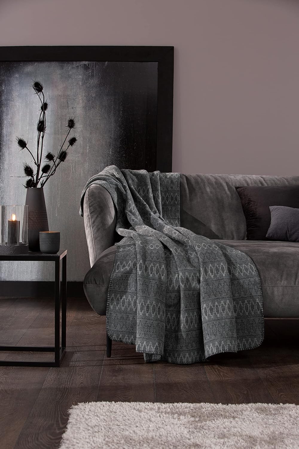 Villeroy &amp; Boch Wohndecke Malindi Graphite I weiche Kuscheldecke aus Baumwollmischgewebe I dunkelgra