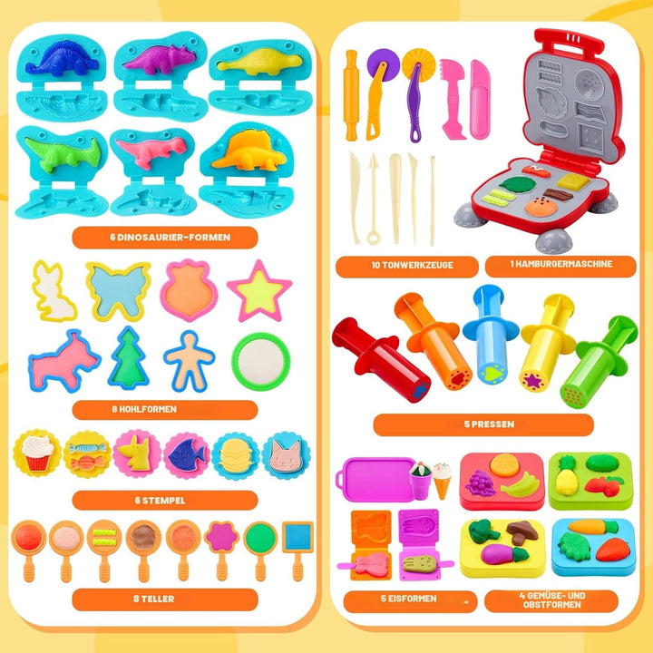 54 Stück Knete Zubehör Set, Knetwerkzeug für Kinder Formen Enthalten Burger Eiscreme, Nudelmaschine,