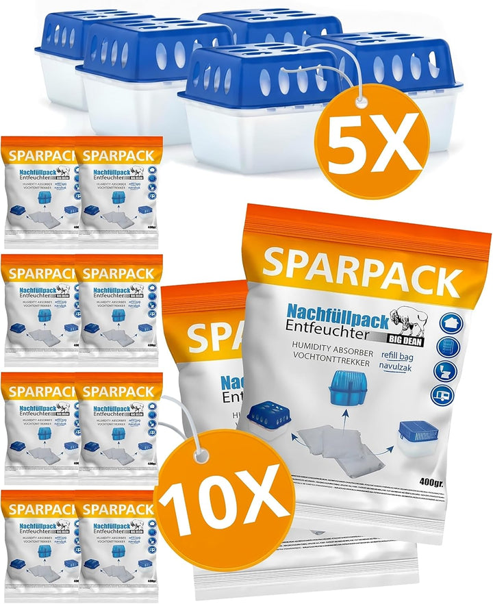 BigDean 5 Stück Luftentfeuchter + 10 Nachfüllpacks 400g – Raumentfeuchter nachfüllbar + wiederverwen