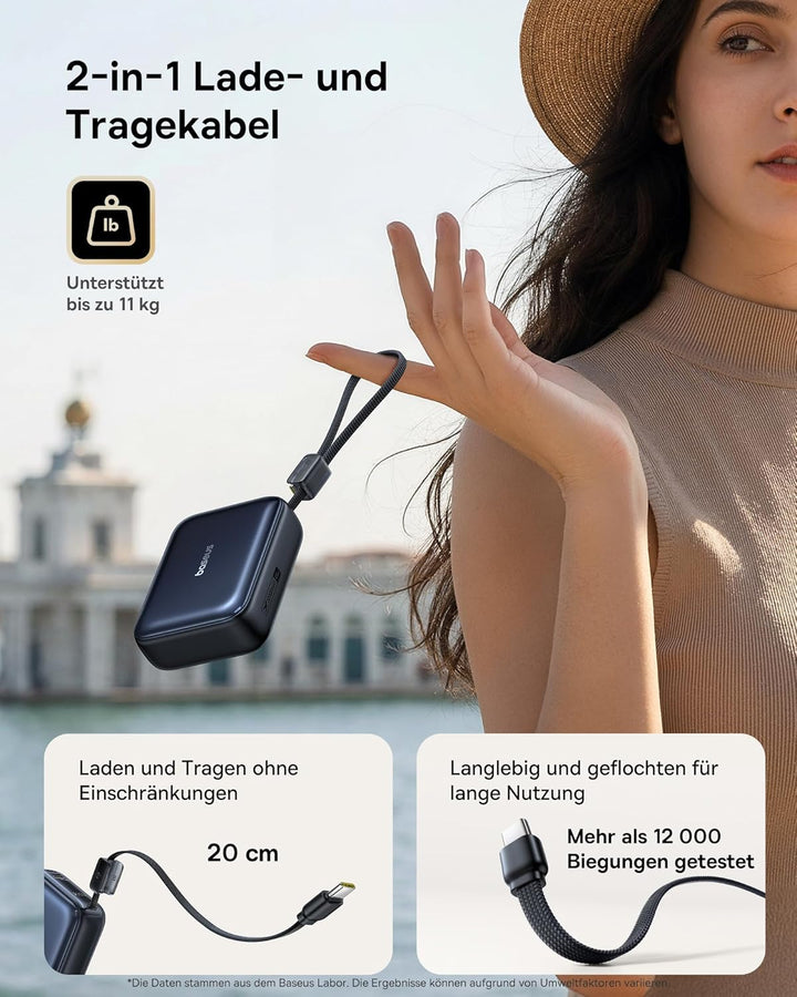 Baseus AC22 Mini Powerbank 20000mAh, 45W PD Power Bank Klein mit Integriertem USB-C Kabel, Externe H
