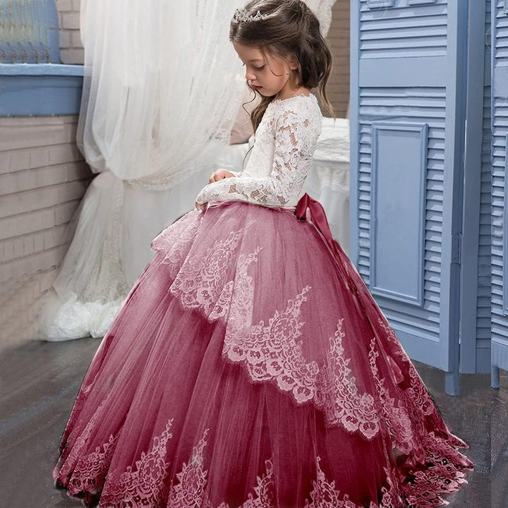 PLWEDDING Spitze Lange Ärmel Blumenmädchen Kleid Prinzessin Tüll Kleid für Kinder Erstkommunion Klei