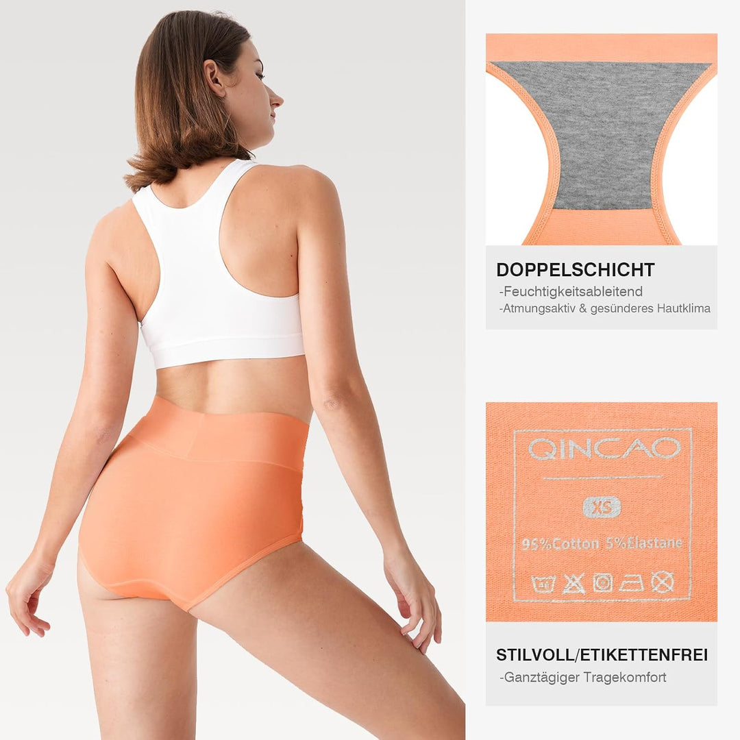 QINCAO Unterhosen Damen, 6er Pack Hohe Taille Slips Baumwolle Unterwäsche, Stretch Atmungsaktiv Pant