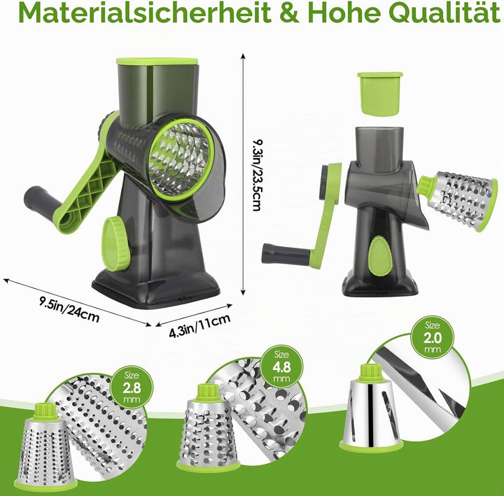 Dreamhigh Käsereibe mit Kurbel, Gemüseschneider 3 Edelstahl Austauschbaren Trommelklingen, Manuelle