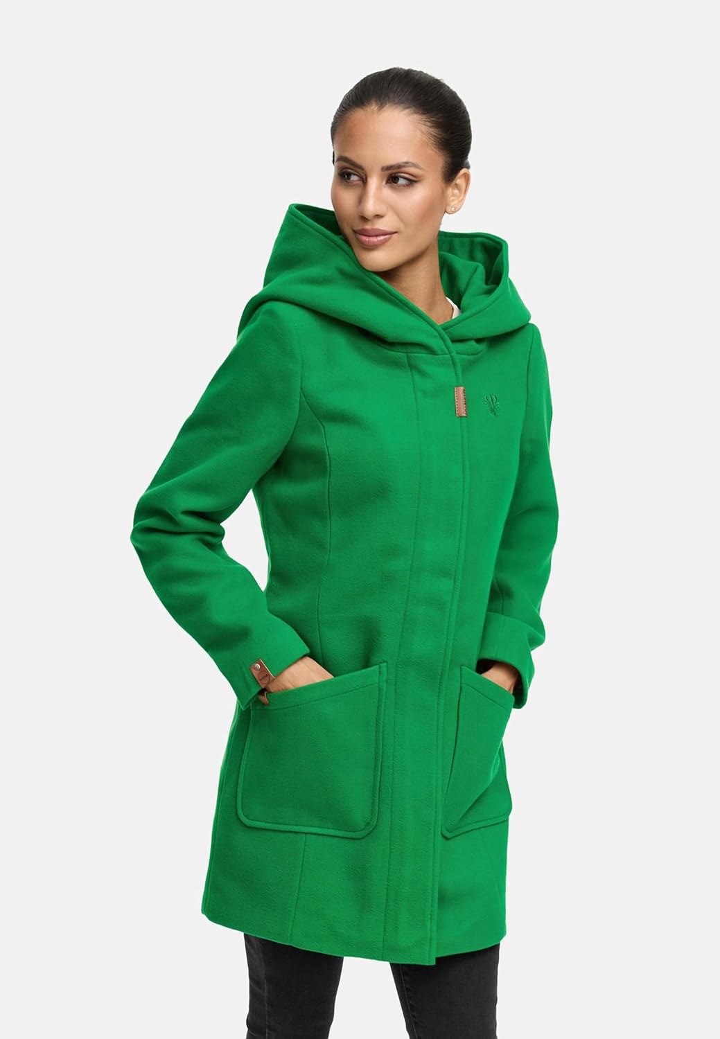 MARIKOO Damen Mantel in Wollmantel-Optik Warmer Trenchcoat mit Kapuze Maikoo XS-5XL M Smaragd Green,