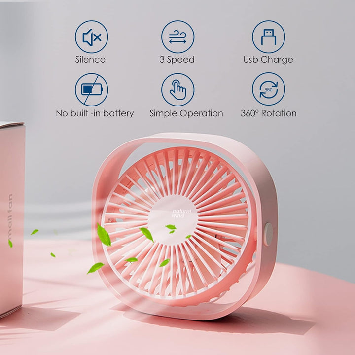 Simpeak USB Ventilator, Mini USB Tischventilator, Klein Ventilator Leise, 3 Speed 360 Grad Drehung,