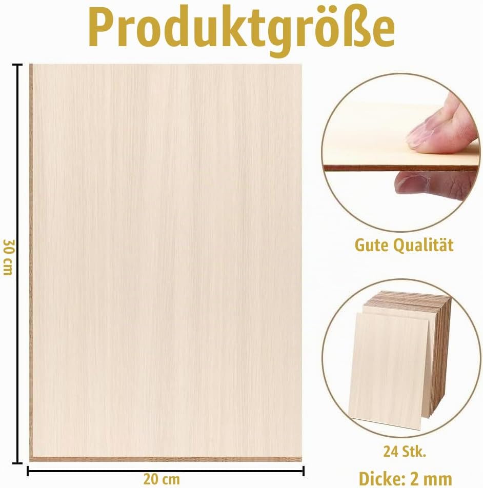24Pcs Balsaholz Platten Sperrholz 300 x 200 x 2mm Lindensperrholz Holzplatten zum Basteln, Holzplatt