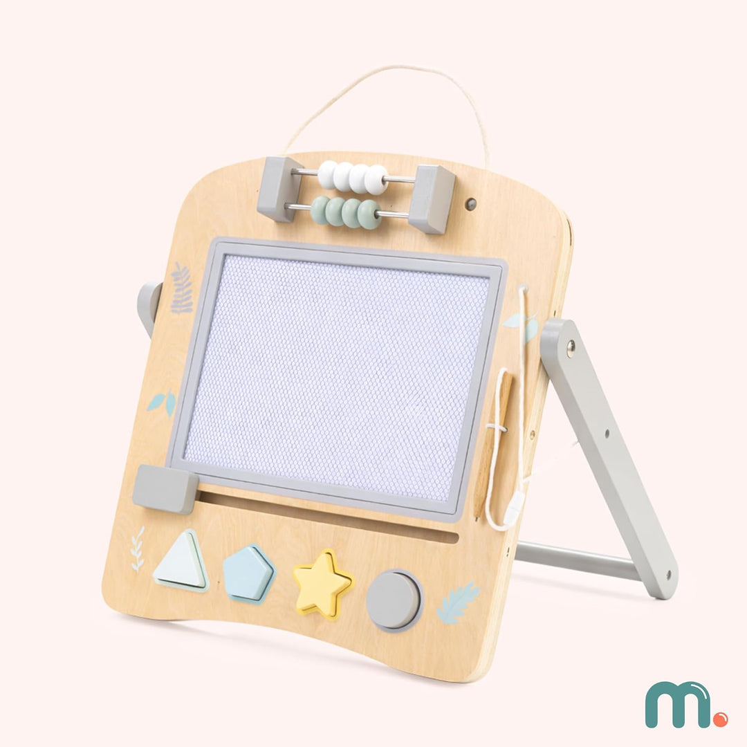 Mamabrum Holz-Lerntafel 2in1 für Kinder, Doppelseitige Magnettafel mit Formensorter, Abakus und Uhr