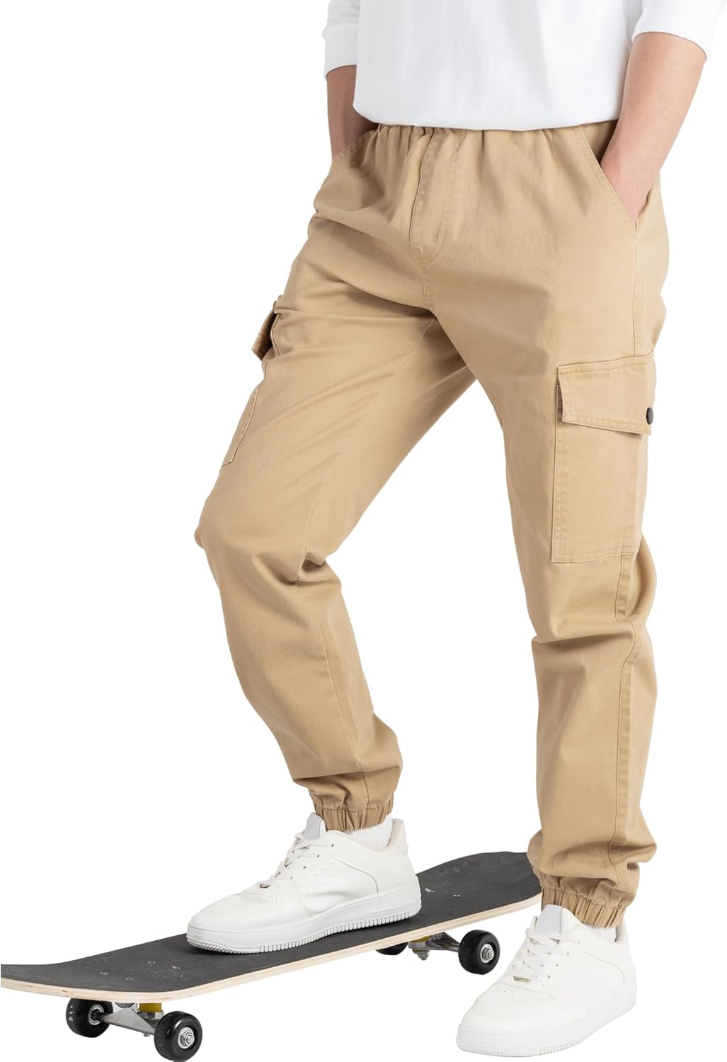 CAMLAKEE Kinder Jungen Cargohose Jogger Hose mit elastischem Bund 128-134 Beige, 128-134 Beige