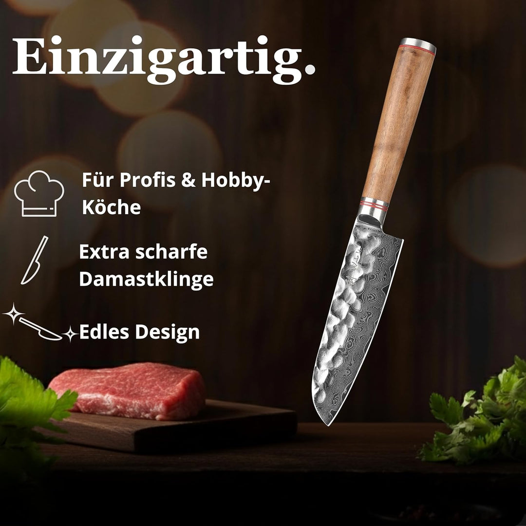 Wakoli Nussbaum Damastmesser kleines Santokumesser extrem scharfe 12cm Klinge aus 67 Lagen I Damast