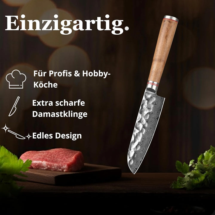 Wakoli Nussbaum Damastmesser kleines Santokumesser extrem scharfe 12cm Klinge aus 67 Lagen I Damast