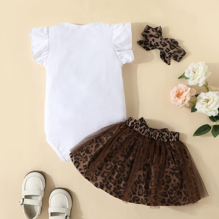 Baby Kleidung Mädchen Sommer Outfit, T-Shirt Rüschen Kurzarm Top + Leopardenmuster Netz Rock + Stirn