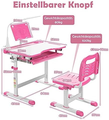 Generisch Kindertisch und Stuhl mit Bücherständer & LED-Licht, höhenverstellbarer Kinderschreibtisch